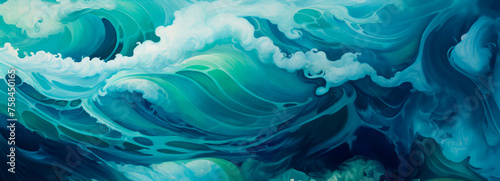 A visual symphony of teal crescendos powerfully invokes the surges of sea storms, creating a compelling depiction of the ocean's dramatic energy. Banner. Copy space.