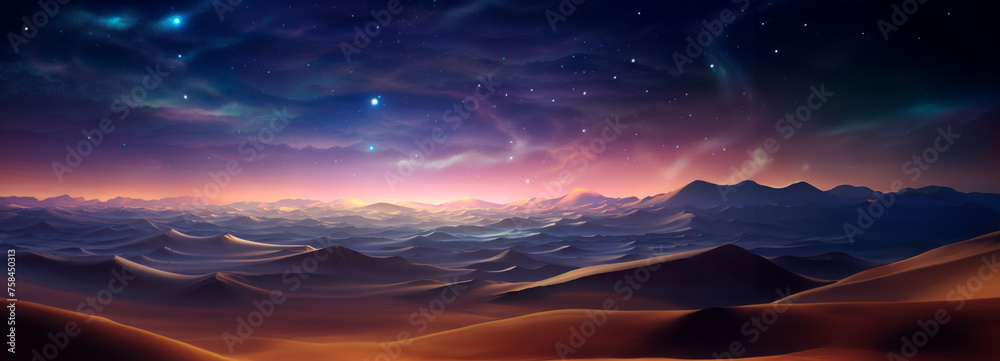 A twilight aurora casts a celestial glow over a snowy mountain range, with sparkling stars and a vibrant cosmic backdrop. Banner. Copy space.