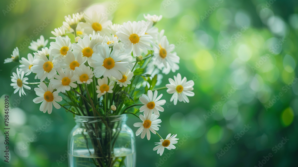 Wild daisy flowers growing on meadow, white chamomiles on green grass background. Green grass and chamomile in the meadow. Spring or summer nature scene with blooming white daisies in sun glare. Wild daisy flowers growing on meadow, white chamomiles on green grass background. Green grass and chamomile in the meadow. Spring or summer nature scene with blooming white daisies in sun glare.