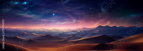 A twilight aurora casts a celestial glow over a snowy mountain range, with sparkling stars and a vibrant cosmic backdrop. Banner. Copy space.