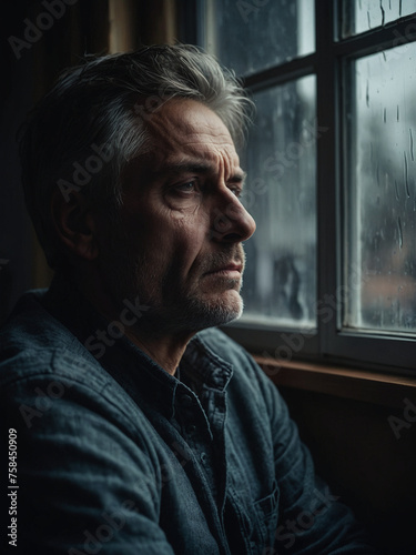 Mental Health Struggle, Man in a Reflective Mood Waiting by the Window at Home