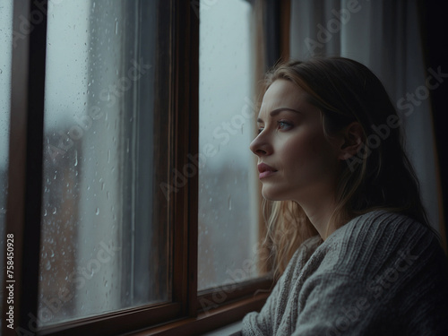 Mental Health Struggle  Woman in a Pensive Mood Waiting by the Window at Home.