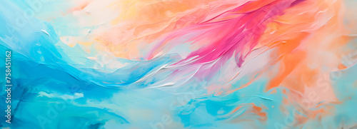 A fluid abstract painting that captures an explosion of colors, with fiery reds and oranges clashing with cool blue tones, depicting passion and tranquility.