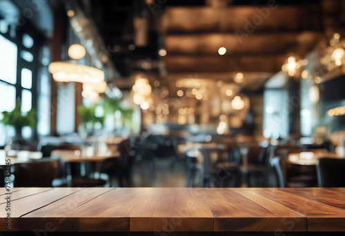 Wood table top with blur restaurant interior in background stock photo