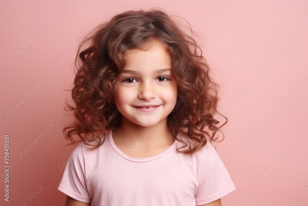 Portrait of a cute little girl with curly hair on a pink background Portrait of a cute little girl with curly hair on a pink background