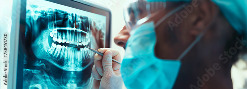 A healthcare professional intently examines a dental X-ray on a screen, wearing safety glasses, highlighting detailed dental analysis and diagnostics.