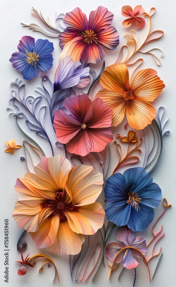 3d papercuts, in the style of surrealistic cartoons, detailed shading, realistic dreaming dry flowers with tonal classic vintage colors swirling vortexes traditional, vibrant 3d papercuts, in the style of surrealistic cartoons, detailed shading, realistic dreaming dry flowers with tonal classic vintage colors swirling vortexes traditional, vibrant