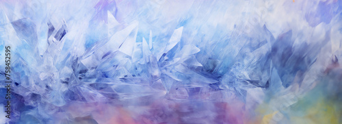 Translucent crystals in blues and pinks mimic a frozen dawn landscape, their intricate details creating a serene, otherworldly scene. Banner. Copy space.