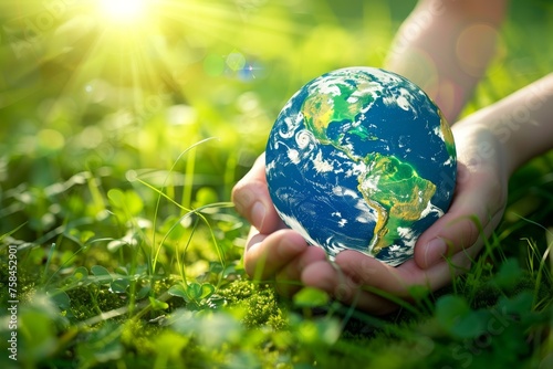 Child's hands holding earth globe over green plants background