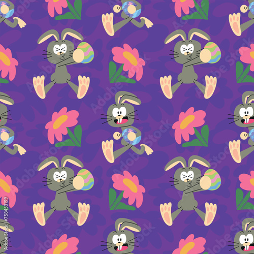 FUNNY GREY BUNNY AND EASTER EGG SEAMLESS PATTERN
