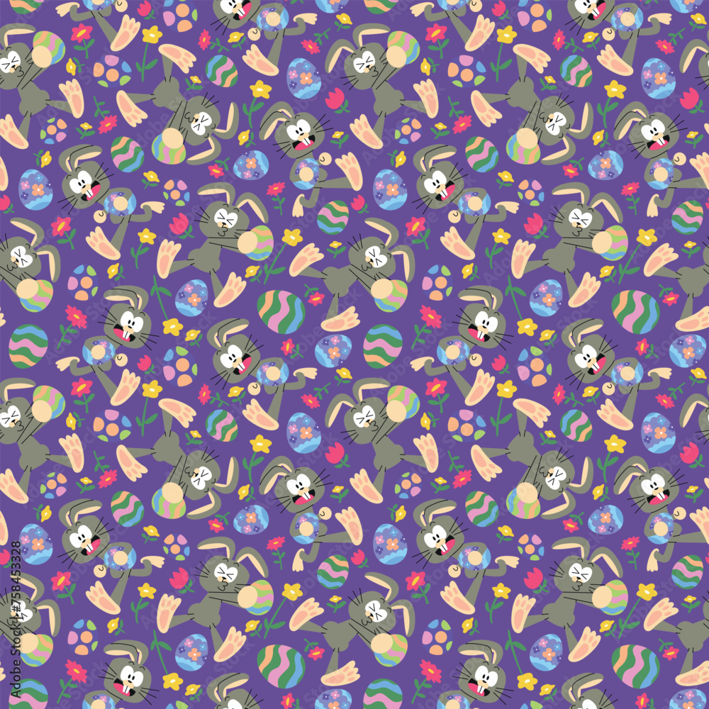 FUNNY EASTER BUNNY WITH EGG AND FLOWERS SEAMLESS PATTERN FUNNY EASTER BUNNY WITH EGG AND FLOWERS SEAMLESS PATTERN