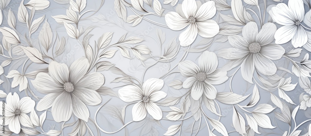 A detailed painting showcasing white flowers against a muted gray background, capturing the delicate petals and intricate patterns of the flowering plant