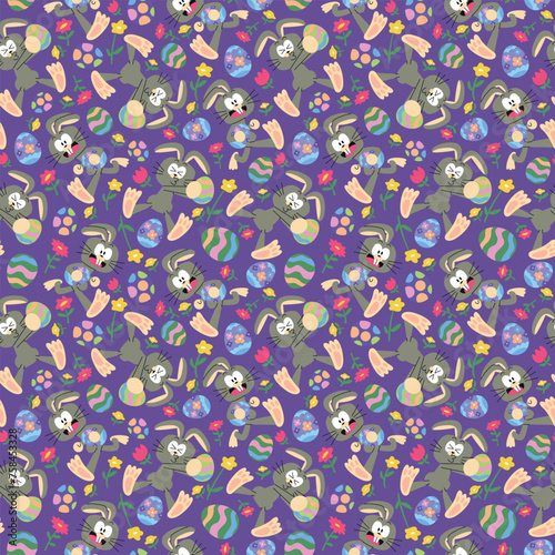 FUNNY EASTER BUNNY WITH EGG AND FLOWERS SEAMLESS PATTERN