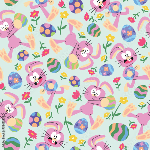 FUNNY PINK EASTER BUNNY WITH EGG AND FLOWERS SEAMLESS PATTERN