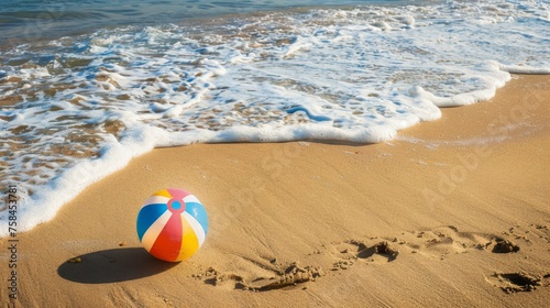 Relaxing Beach Setting with Bright Beach Ball AI Generated.