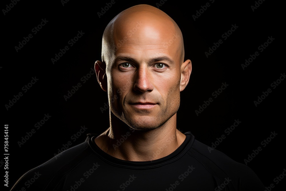 Portrait of a bald man in a black shirt on a black background