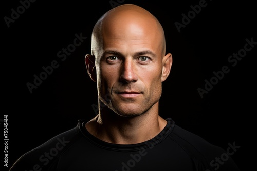 Portrait of a bald man in a black shirt on a black background © Igor