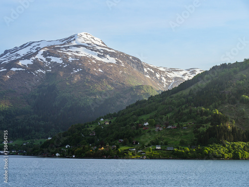 Mountains and Fjord over Norwegian Village, Olden, Innvikfjorden, Norway, Europe