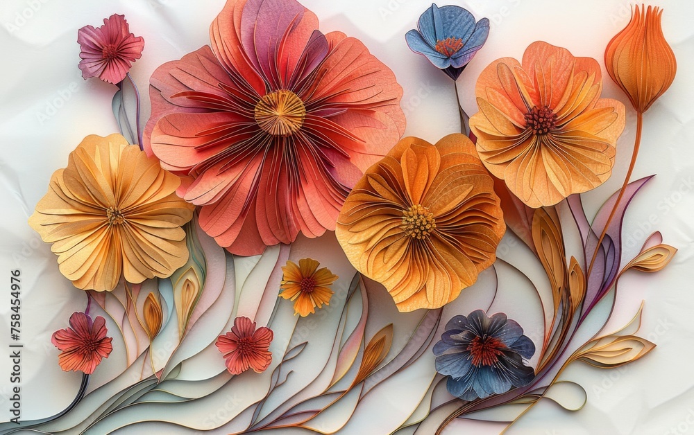 custom made wallpaper toronto digital3d papercuts, in the style of surrealistic cartoons, detailed shading, realistic dreaming dry flowers with tonal classic vintage colors swirling vortexes traditional, vibrant 