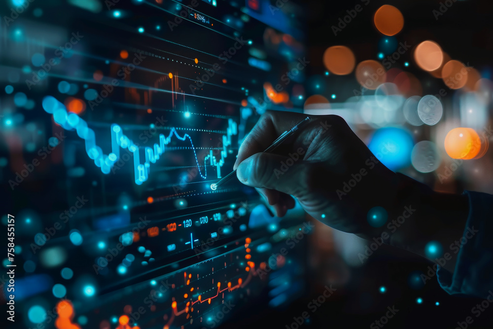 Obraz premium Digital businessman hand drawing growth graphs and financial data on a virtual screen background for trading market or stock exchange concept.