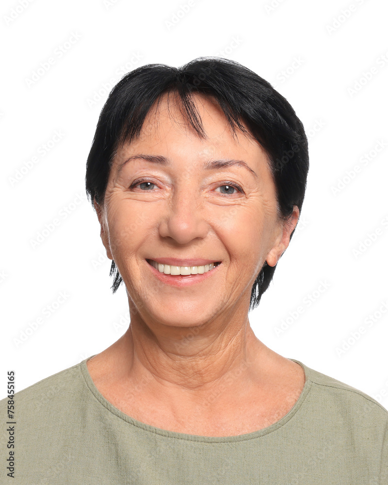 Passport photo. Portrait of mature woman on white background Passport photo. Portrait of mature woman on white background