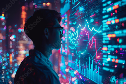 Digital businessman hand drawing growth graphs and financial data on a virtual screen background for trading market or stock exchange concept.