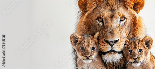 Majestic male lion with cub, ample space on left for text, object on right in portrait © Ilja
