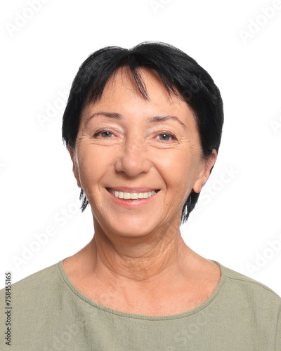 Passport photo. Portrait of mature woman on white background