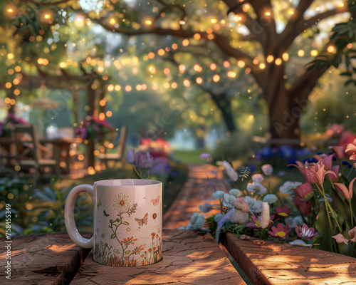 Easter Joy: A plain white 11oz mug placed in an enchanting garden party setting with fairy lights twinkling in the trees, a canopy of pastel-colored, creating a magical and festive outdoor atmosphere.