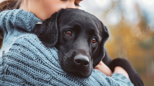 Front view, Outdoors, close up of a lovely black Labrador retriever snuggles in its owner's arms, facing the camera.