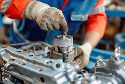 Hand's Car mechanic holding a new piston for the engine, overhaul.