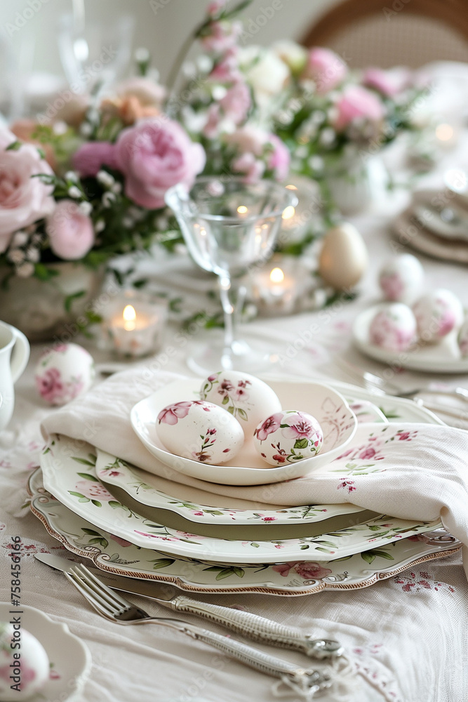 Beautifully set Easter table with a bouquet of spring flowers in a vase, Easter decorations and colored Easter eggs Beautifully set Easter table with a bouquet of spring flowers in a vase, Easter decorations and colored Easter eggs