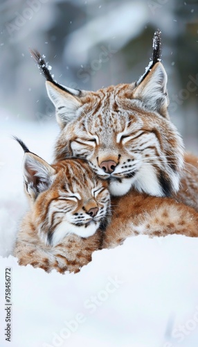 Male bobcat and adorable kitten portrait, with ample text space, featured object on the right side