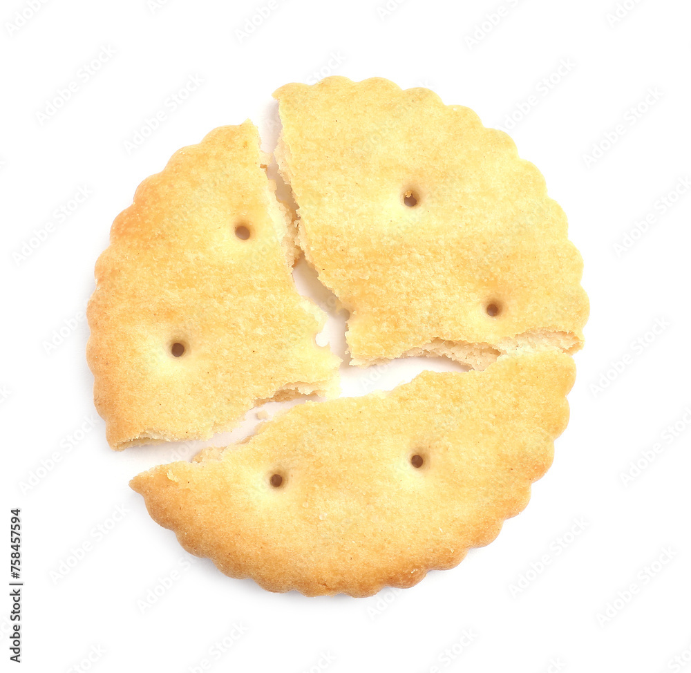 Crispy broken cracker isolated on white, top view Crispy broken cracker isolated on white, top view