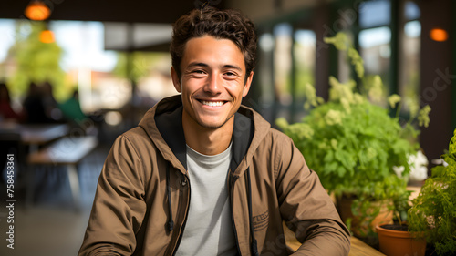 Smiling Young Man in Cafe with Green Plants