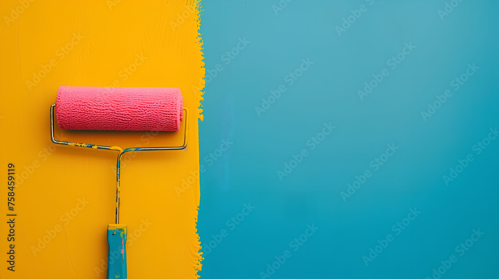 Obraz premium Close-up: colorful paint roller applies yellow and blue paint on multicolored wall, creating vibrant surface. Banner template with ample copy space.
