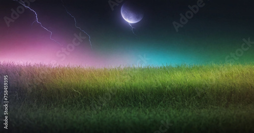 Green Grass and Rainbow Storm Lightnings under the Moon