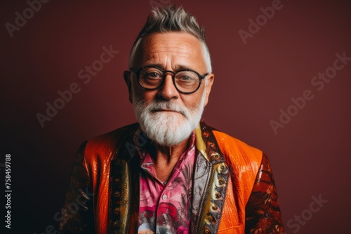 Portrait of a senior man with white beard and glasses in colorful clothes.