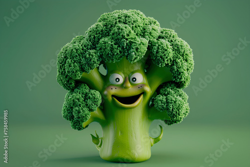 Cute broccoli cartoon character smiling on green background. Healthy food for children