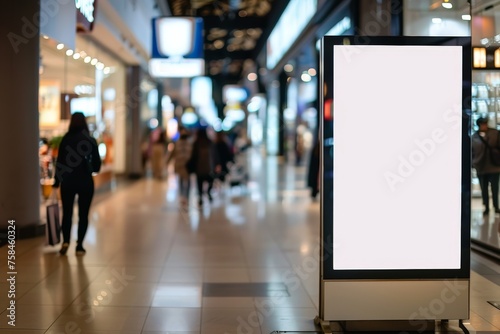 Blank advertising poster banner mockup inside shopping mall, Interior of shop mall photo