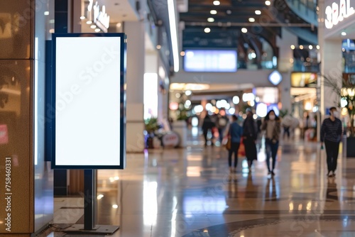 Blank advertising poster banner mockup inside shopping mall, Interior of shop mall