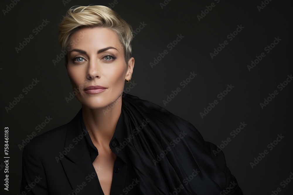 Portrait of a beautiful young business woman with short blond hair. Studio shot.