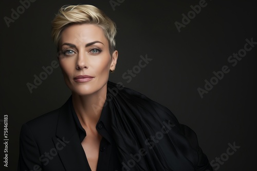 Portrait of a beautiful young business woman with short blond hair. Studio shot.