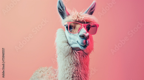 close up of a llama alpaca portrait wearing sunglasses with gradient backdrops