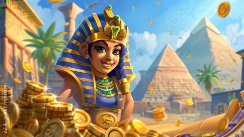 Animated Egyptian Queen Character - An animated depiction of a smiling Egyptian queen amidst gold coins