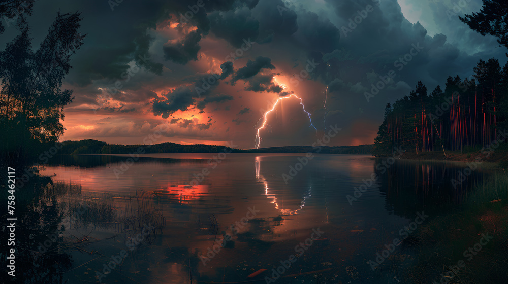 lightning and thunderstorm over the lake in the forest. summer warm thunderstorm. summer concept wide-angle lens