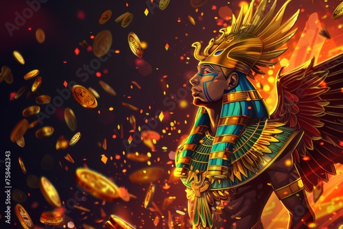 Majestic Pharaoh with Fire Wings - An artistic rendering of a Pharaoh with fiery wings among a cascade of coins symbolizing divine power