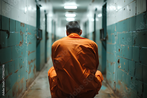 A male prisoner clad in an orange jumpsuit sits alone within the confines of a prison cell, isolated in solitary confinement © Uliana