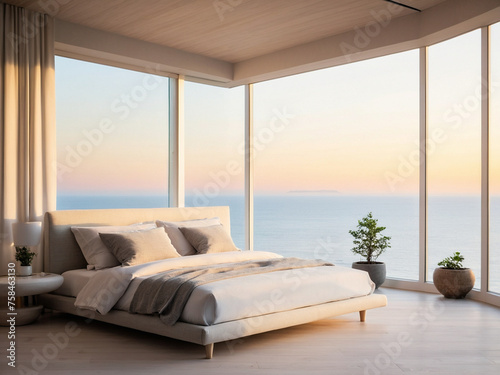 Luxury bedroom with ocean sunset view © Saktanong