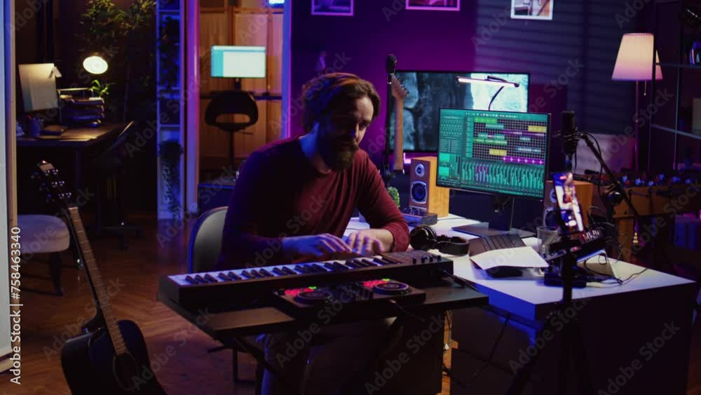 Artist teaching online piano lessons from his home studio, recording tutorial and playing midi controller synthesizer. Instructor explaining electronic keyboard notes, music industry. Camera B.